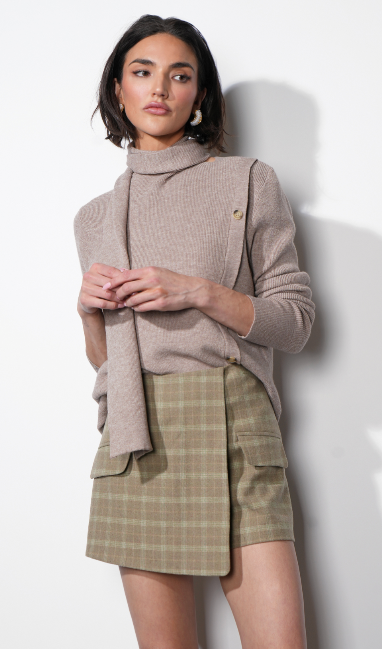 Acacia Scarf Neck Asymetric Button Up Sweater