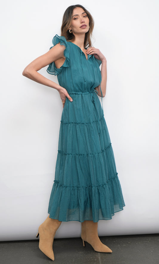 Yvonne Textured Flutter Sleeve Tiered Midi Dress w/ Drawstring