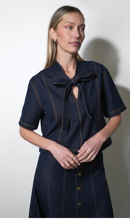 Inez Boxy Denim Top With Tie Neck