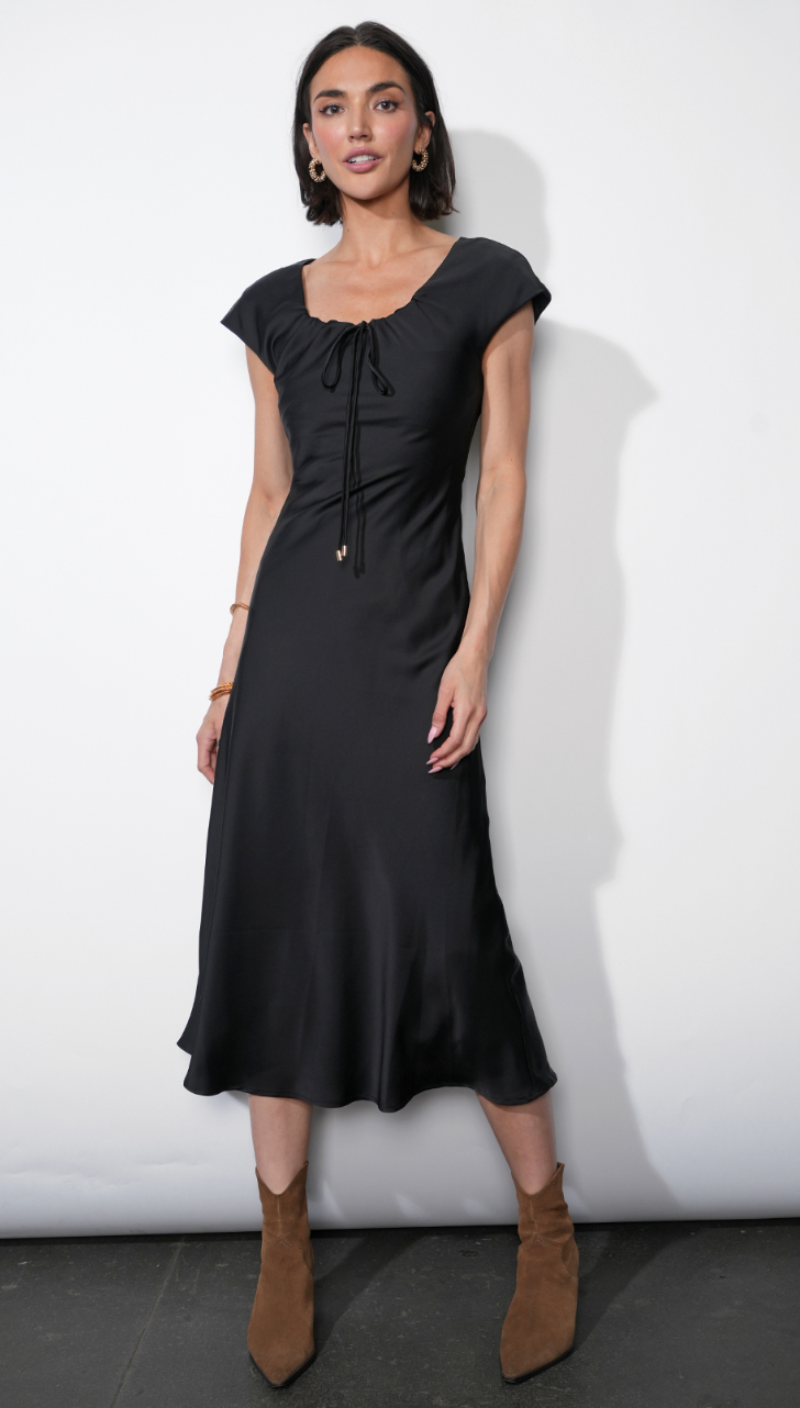 Inez Neck Drawstring Satin Midi Dress