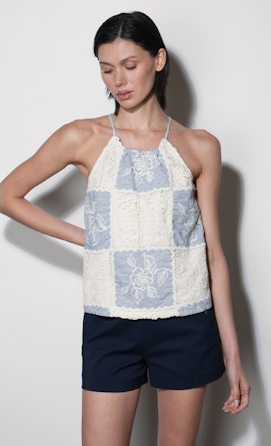 Dakotah Mixed Media Patchwork Halter Top With Tie Back Detail
