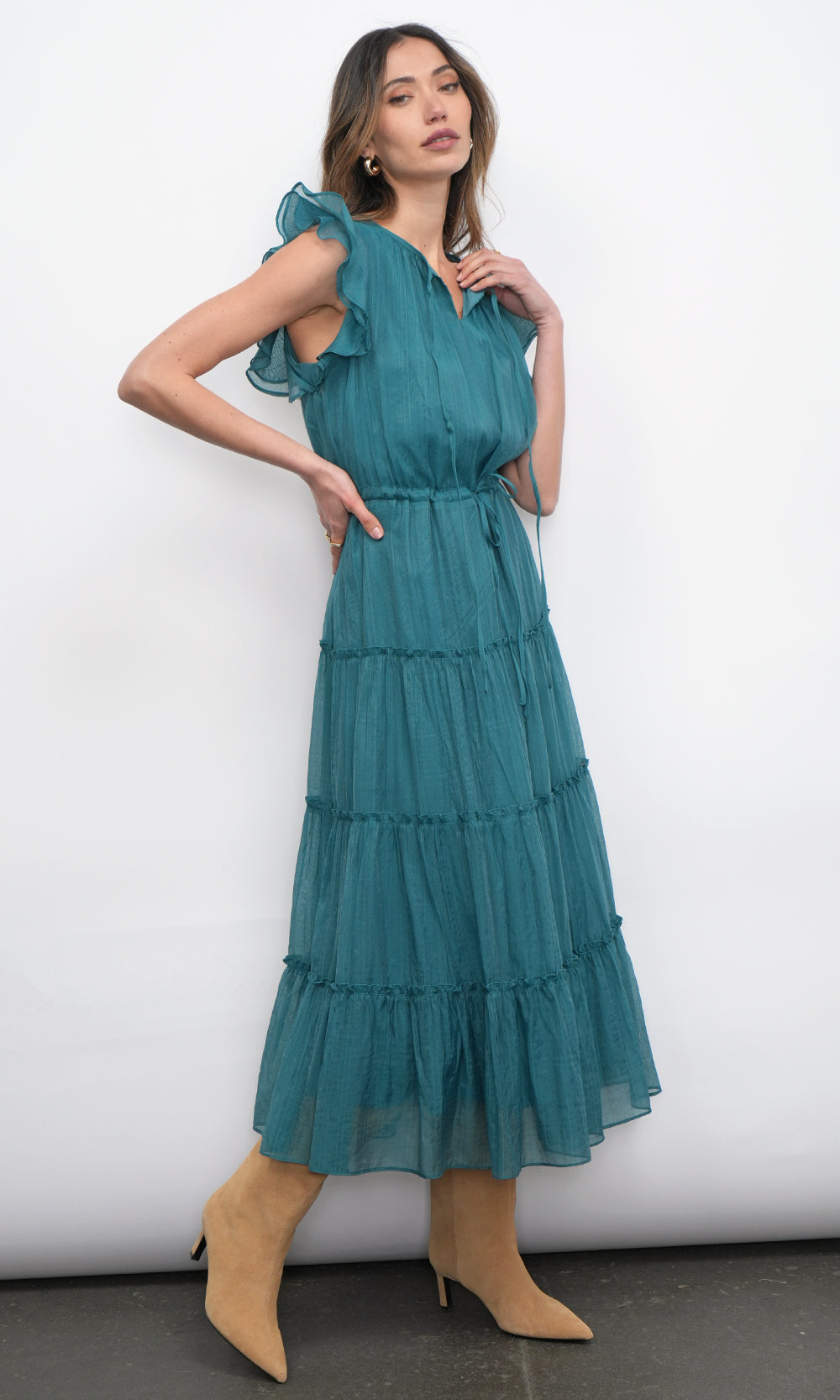 Yvonne Textured Flutter Sleeve Tiered Midi Dress w/ Drawstring