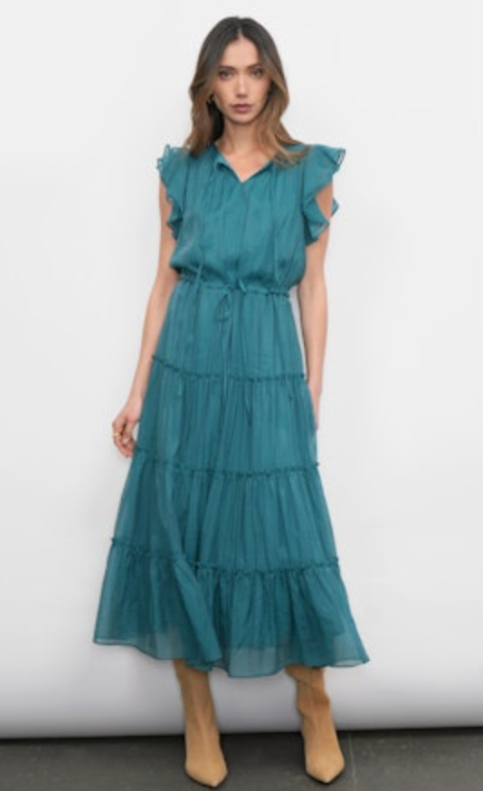 Yvonne Textured Flutter Sleeve Tiered Midi Dress w/ Drawstring